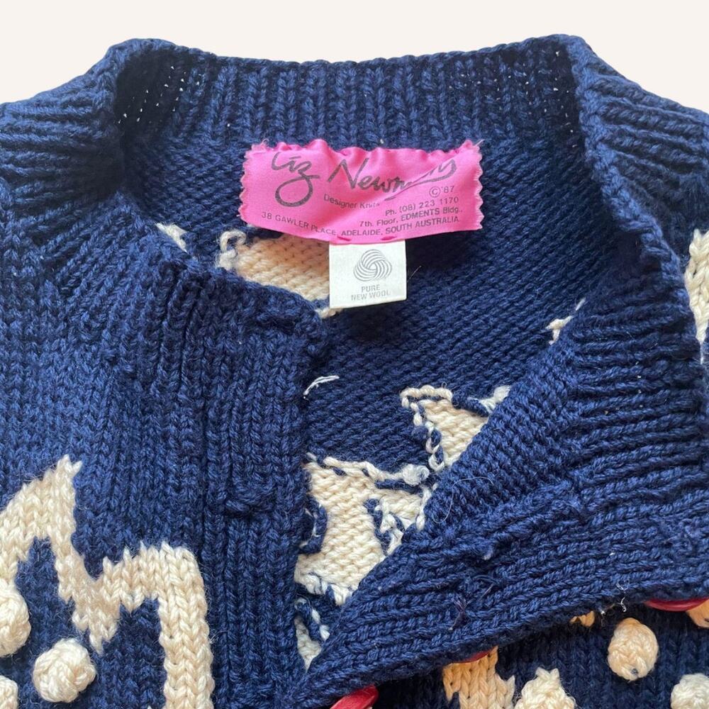 Liz Newman sweater 1987, blue + white, clay buttons XL - Picture 5 of 8